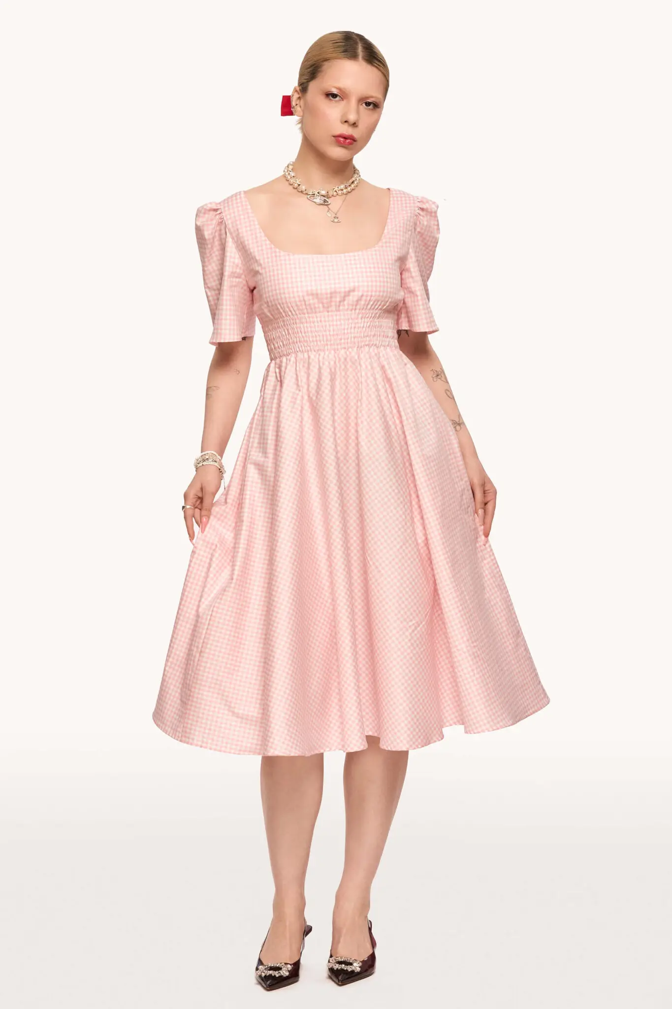 Audre Ruched Midi Dress in Pink Gingham
